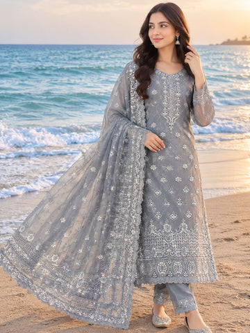 **Organza 4 Pcs Embroidered Unstitched Suit | Elegant Festive Collection**