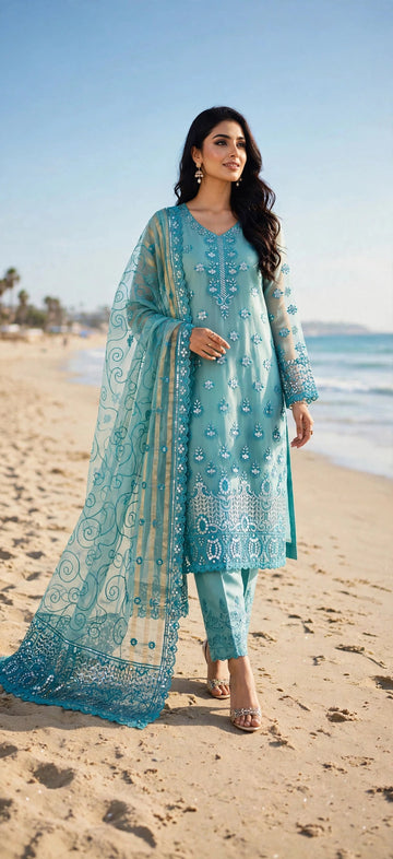**4-Piece Embroidered Organza Suit with Embroidered Dupatta | Luxury Festive Collection**