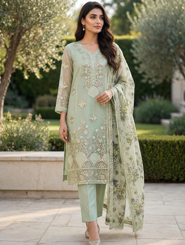 **4-Piece Embroidered Organza Suit with Embroidered Dupatta | Luxury Festive Collection**